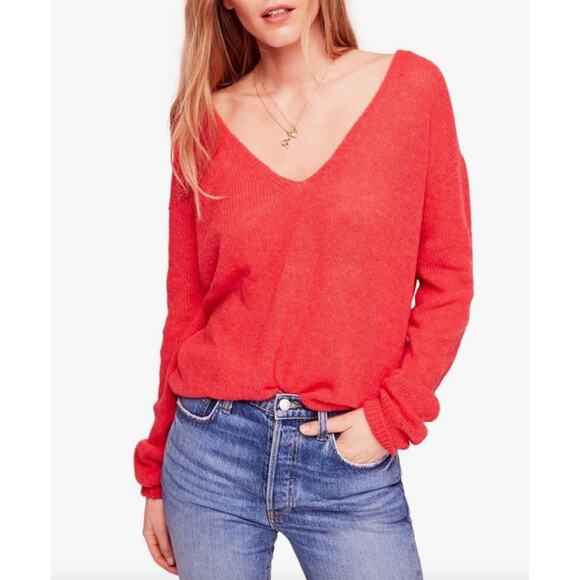 FREE PEOPLE Red Sweater Alpaca Gossamer Pullover V-Neck Size XS X-Small - Picture 1 of 10
